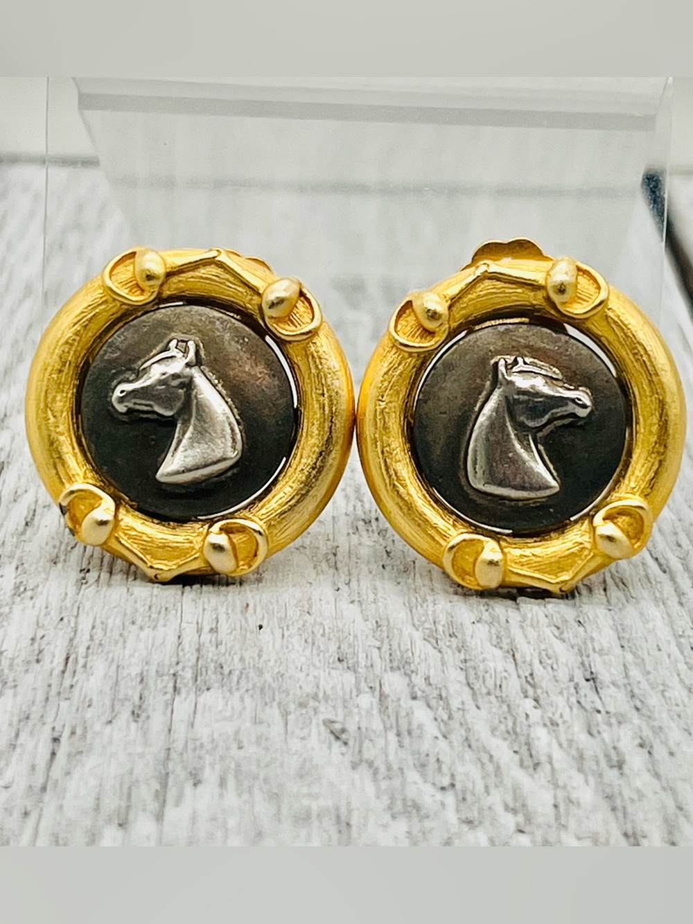 365. Mid Century Modern Equestrian Horse Head Gold-Tone Clipon Earrings
